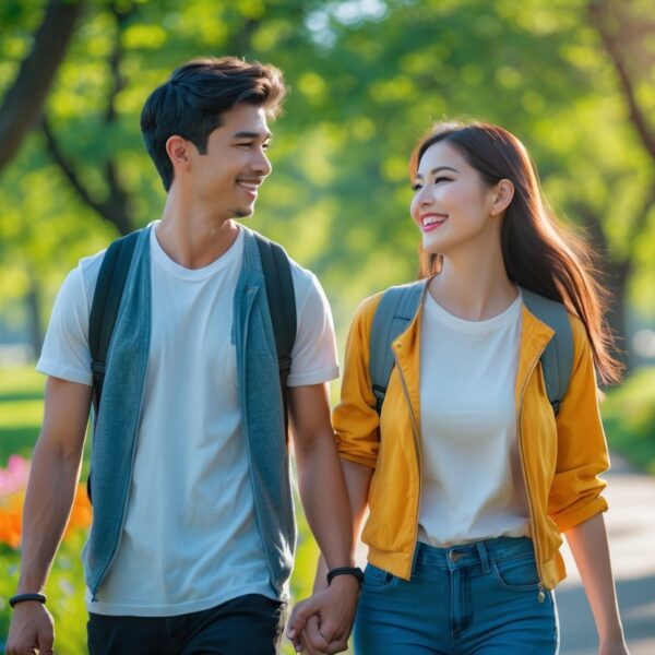 Um casal jovem caminhando de mãos dadas em um parque ensolarado, sorrindo e demonstrando afeto.
