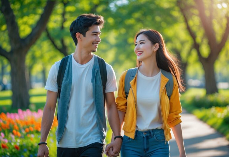 Um casal jovem caminhando de mãos dadas em um parque ensolarado, sorrindo e demonstrando afeto.