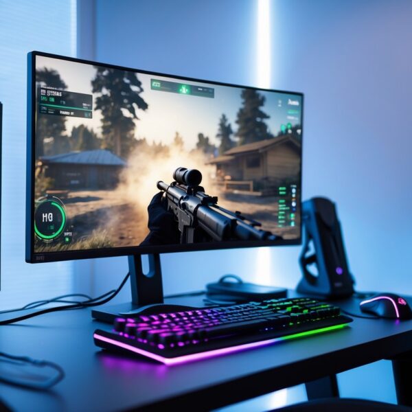 Setup de jogo moderno com monitor mostrando jogo de tiro em primeira pessoa e contador de FPS, teclado mecânico e mouse em uma mesa organizada.