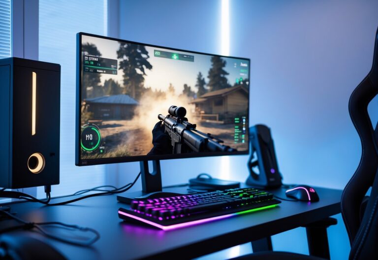 Setup de jogo moderno com monitor mostrando jogo de tiro em primeira pessoa e contador de FPS, teclado mecânico e mouse em uma mesa organizada.