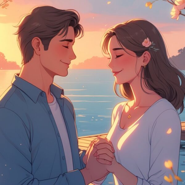 Um casal abraçado em um píer de madeira ao pôr do sol, cercado por flores e água calma, transmitindo um momento de amor e conexão.