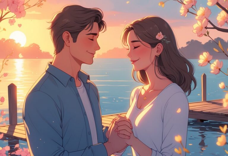 Um casal abraçado em um píer de madeira ao pôr do sol, cercado por flores e água calma, transmitindo um momento de amor e conexão.