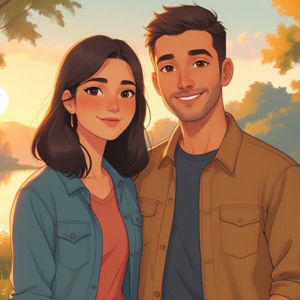 Zeynep e Mehdi juntos, sorrindo e olhando um para o outro em um cenário ao ar livre durante o pôr do sol.