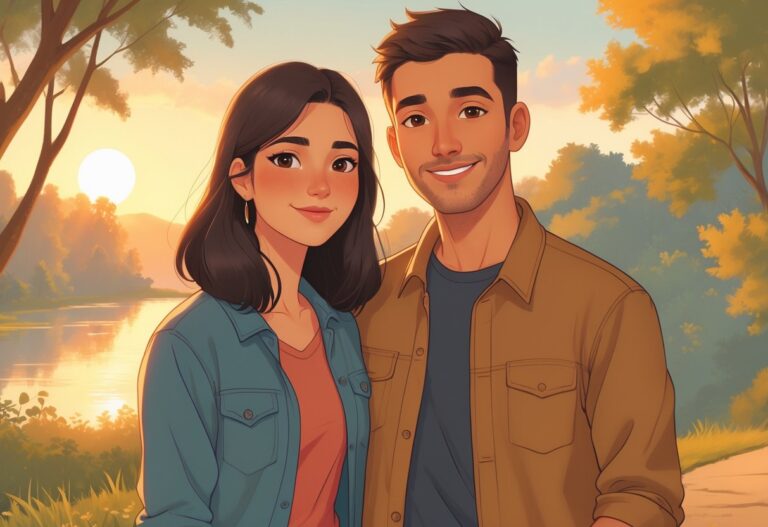 Zeynep e Mehdi juntos, sorrindo e olhando um para o outro em um cenário ao ar livre durante o pôr do sol.