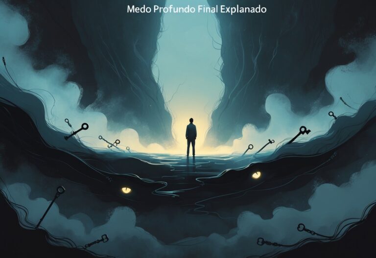 Pessoa em pé na beira de um abismo escuro, cercada por sombras e névoa, com luz suave iluminando seu rosto, simbolizando o enfrentamento do medo profundo.