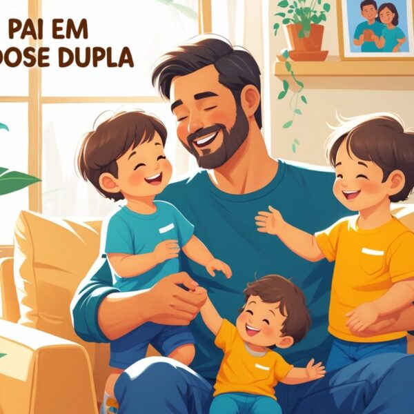 Pai sorrindo sentado no sofá com dois filhos pequenos, em uma sala iluminada e aconchegante.
