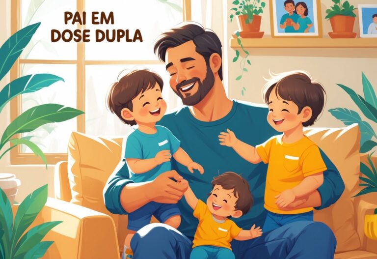 Pai sorrindo sentado no sofá com dois filhos pequenos, em uma sala iluminada e aconchegante.