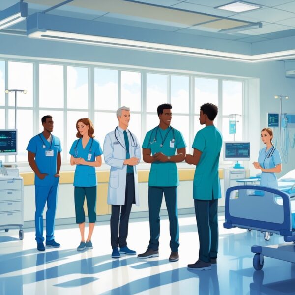 Profissionais de saúde trabalhando em um hospital moderno, cuidando de pacientes em um ambiente iluminado e organizado.