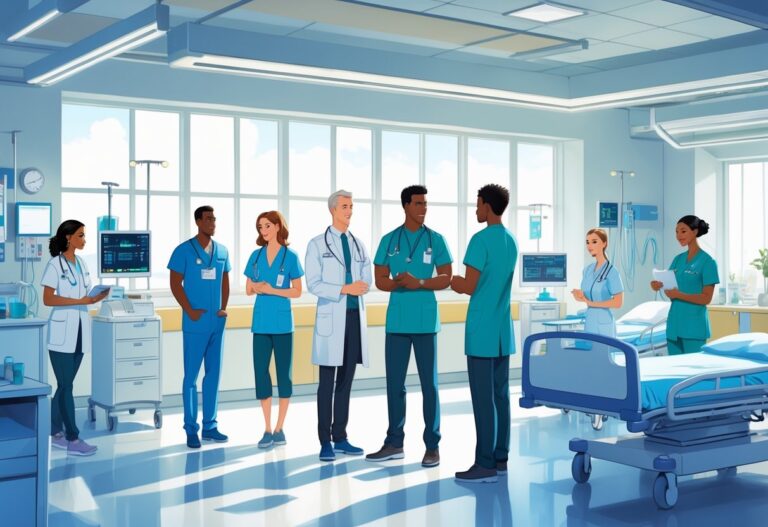 Profissionais de saúde trabalhando em um hospital moderno, cuidando de pacientes em um ambiente iluminado e organizado.