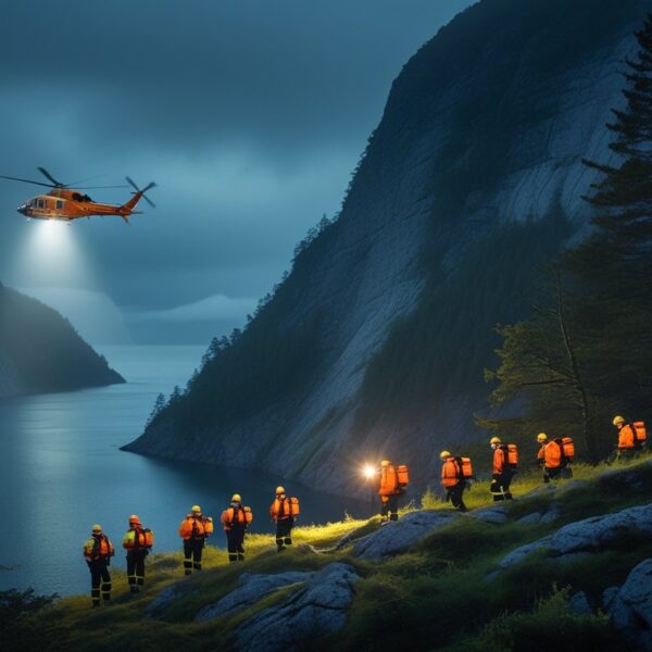 Equipe de resgate procurando em uma paisagem de fiorde na Noruega com penhascos e neblina ao entardecer.