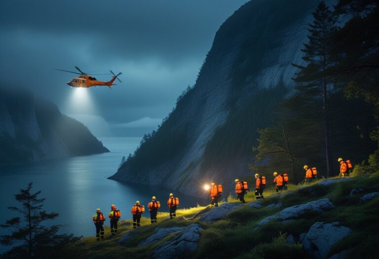 Equipe de resgate procurando em uma paisagem de fiorde na Noruega com penhascos e neblina ao entardecer.