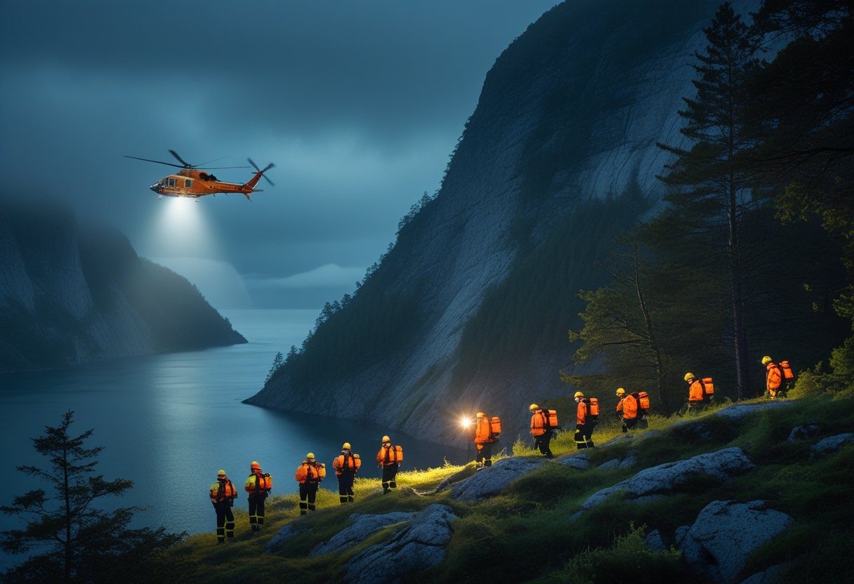 Equipe de resgate procurando em uma paisagem de fiorde na Noruega com penhascos e neblina ao entardecer.