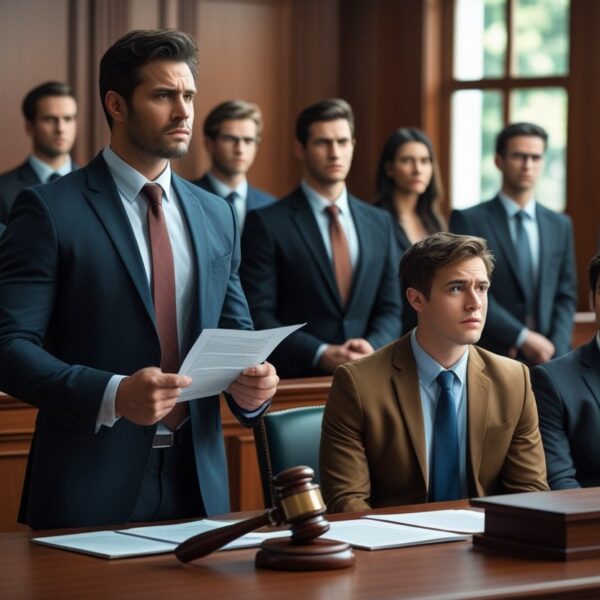 Cena de tribunal com advogado defensor em pé ao lado de um jovem sentado, juíz e jurados ao fundo, todos em ambiente formal e sério.