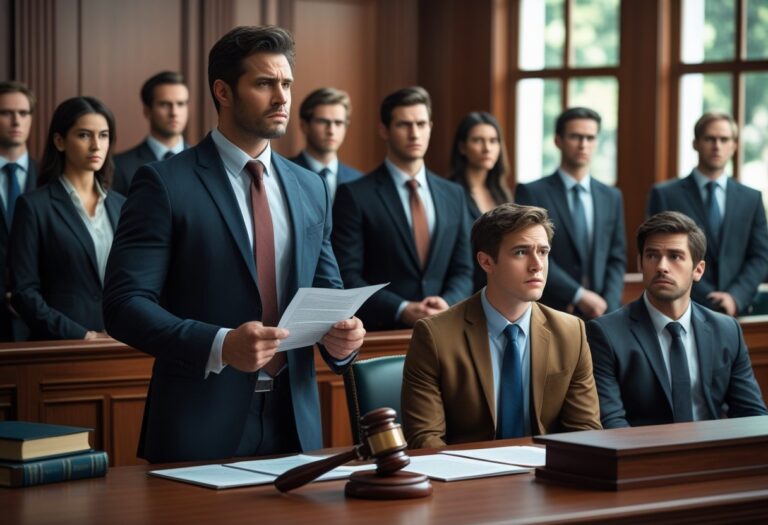 Cena de tribunal com advogado defensor em pé ao lado de um jovem sentado, juíz e jurados ao fundo, todos em ambiente formal e sério.
