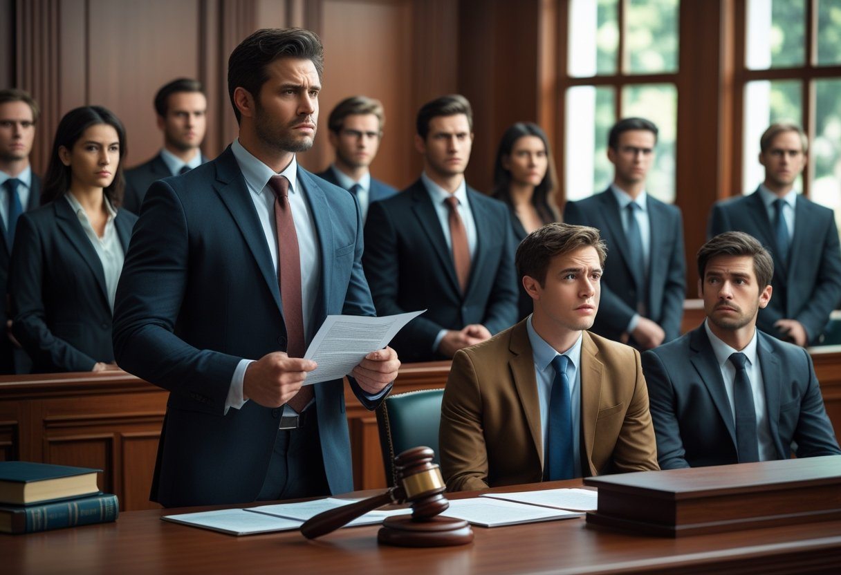 Cena de tribunal com advogado defensor em pé ao lado de um jovem sentado, juíz e jurados ao fundo, todos em ambiente formal e sério.
