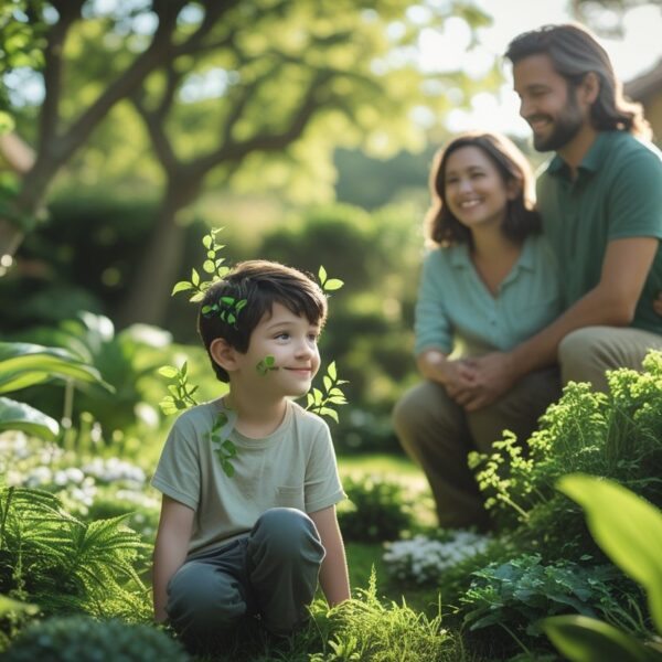 Um menino sentado em um jardim verde com folhas crescendo em sua pele, cercado por seus pais amorosos e uma casa ao fundo.
