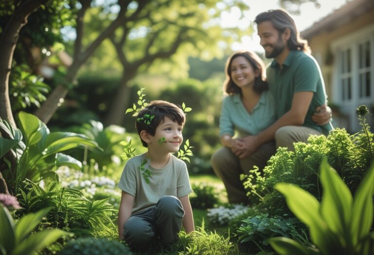 Um menino sentado em um jardim verde com folhas crescendo em sua pele, cercado por seus pais amorosos e uma casa ao fundo.