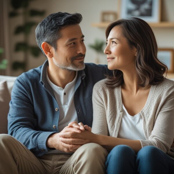 Um casal sentado junto em uma sala de estar, segurando as mãos e olhando pensativamente para frente.