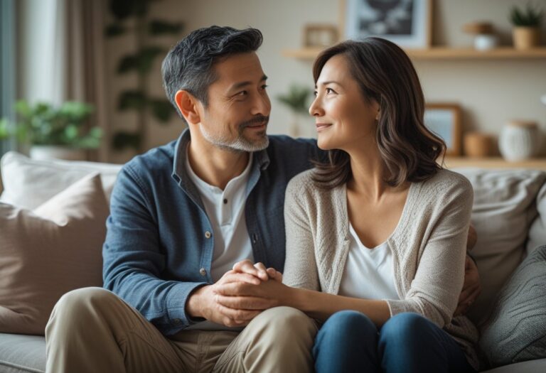Um casal sentado junto em uma sala de estar, segurando as mãos e olhando pensativamente para frente.