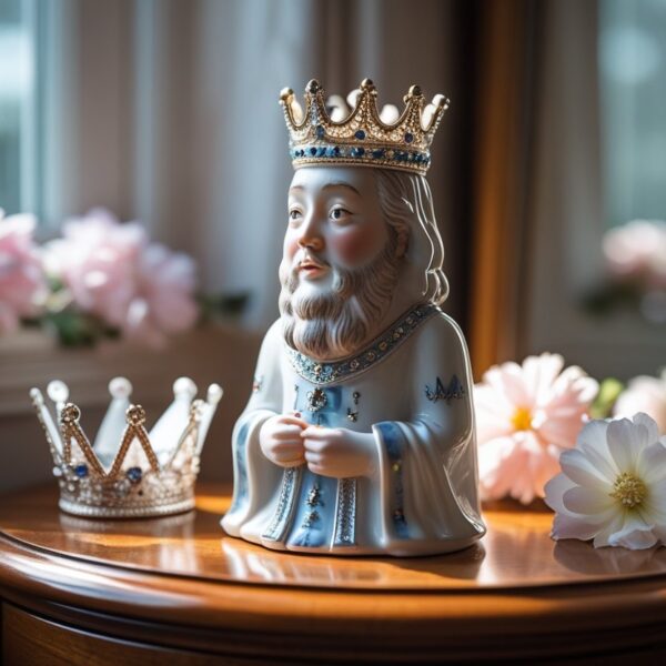 Figurinha de rei de porcelana em uma mesa com uma tiara e flores ao lado, transmitindo surpresa e reflexão.