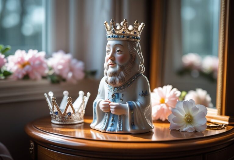 Figurinha de rei de porcelana em uma mesa com uma tiara e flores ao lado, transmitindo surpresa e reflexão.