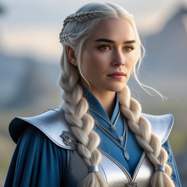 Mulher com cabelo longo e loiro platinado em trançados, vestindo roupa elegante medieval, com um fundo de paisagem fantástica e dragões ao longe.