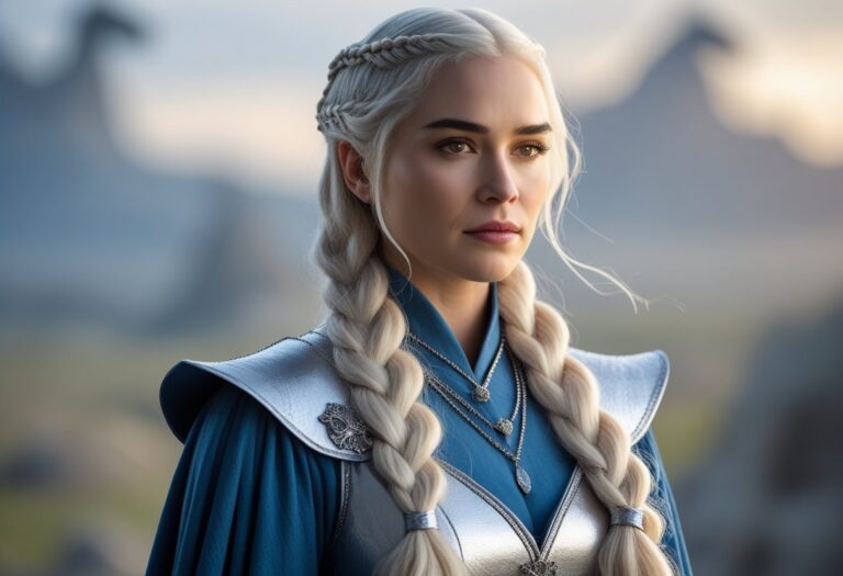 Mulher com cabelo longo e loiro platinado em trançados, vestindo roupa elegante medieval, com um fundo de paisagem fantástica e dragões ao longe.