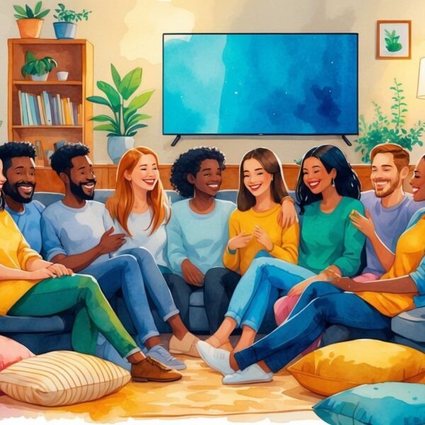 Um grupo diversificado de amigos reunidos em uma sala aconchegante, sentados em um sofá e almofadas, conversando e sorrindo.