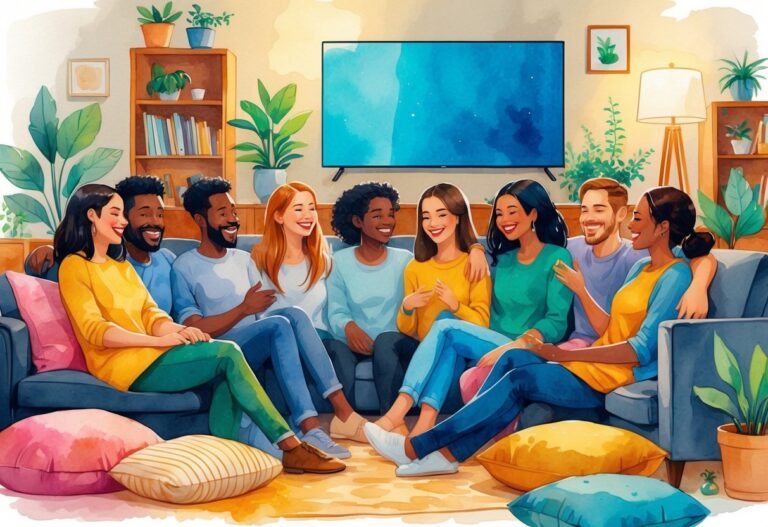 Um grupo diversificado de amigos reunidos em uma sala aconchegante, sentados em um sofá e almofadas, conversando e sorrindo.