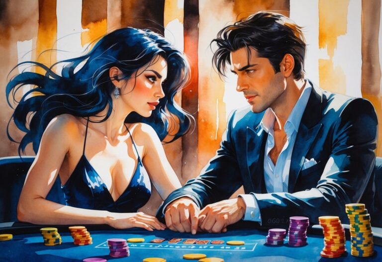 Uma mulher e um homem sentados frente a frente em uma mesa de pôquer, em um ambiente de cassino, com expressões de concentração e tensão.