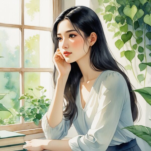 Uma jovem mulher pensativa sentada perto de uma janela, rodeada por plantas e livros, em um ambiente calmo e acolhedor.
