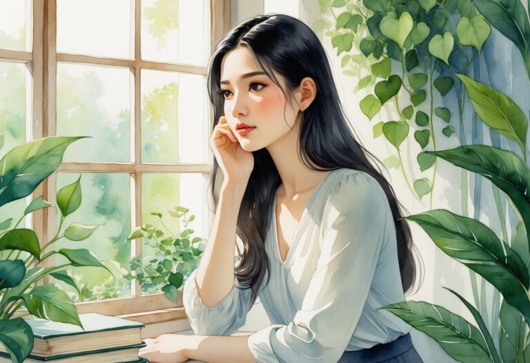 Uma jovem mulher pensativa sentada perto de uma janela, rodeada por plantas e livros, em um ambiente calmo e acolhedor.