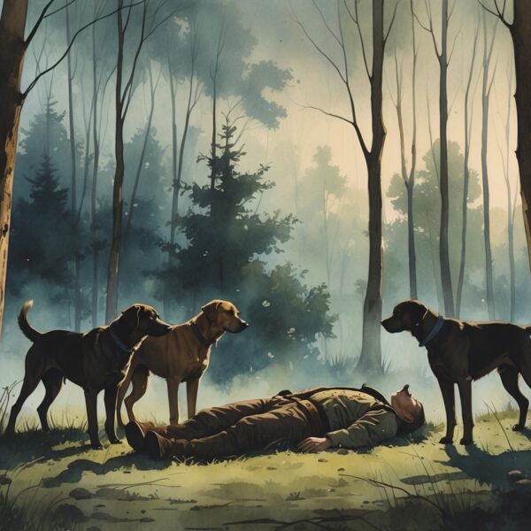 Cena na floresta ao entardecer com cães de caça ao redor de um homem caído no chão, transmitindo uma atmosfera triste e silenciosa.