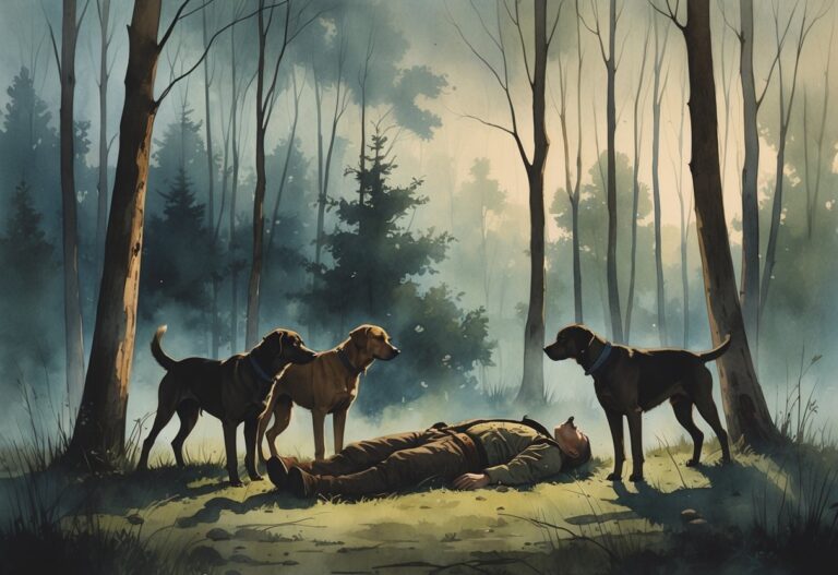 Cena na floresta ao entardecer com cães de caça ao redor de um homem caído no chão, transmitindo uma atmosfera triste e silenciosa.