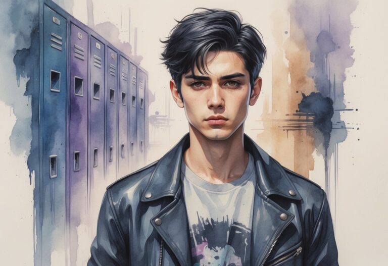 Jovem rapaz com cabelo curto e roupa casual em um ambiente escolar com armários ao fundo.