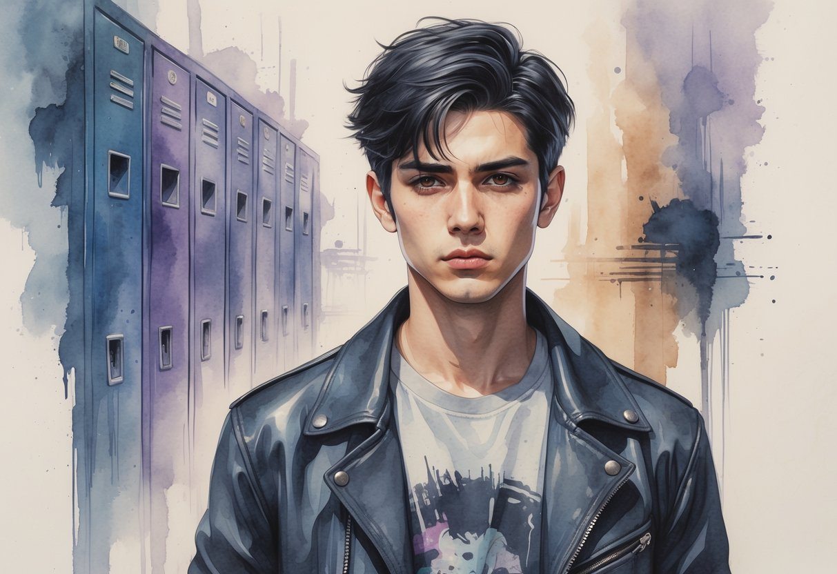 Jovem rapaz com cabelo curto e roupa casual em um ambiente escolar com armários ao fundo.
