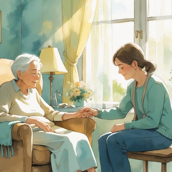 Duas pessoas em uma visita final, sentadas juntas em um ambiente acolhedor, compartilhando um momento de conexão e tranquilidade.
