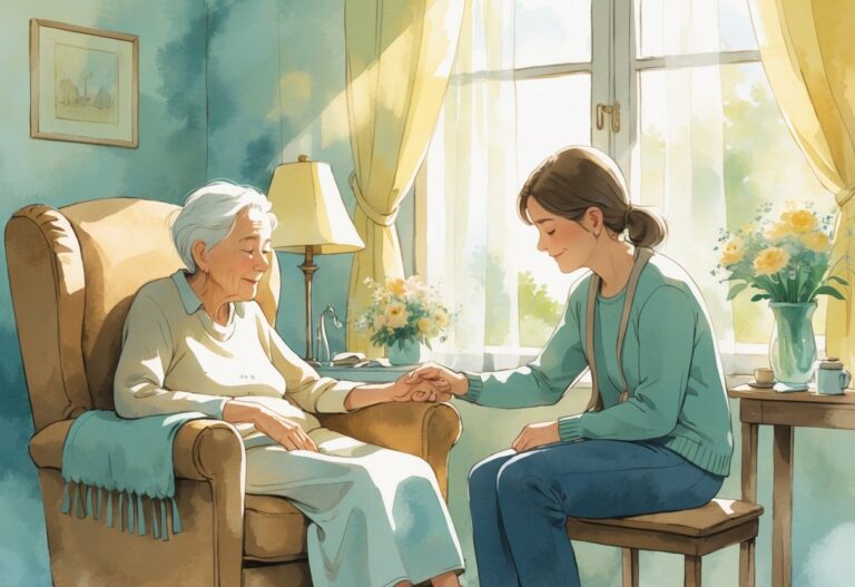 Duas pessoas em uma visita final, sentadas juntas em um ambiente acolhedor, compartilhando um momento de conexão e tranquilidade.