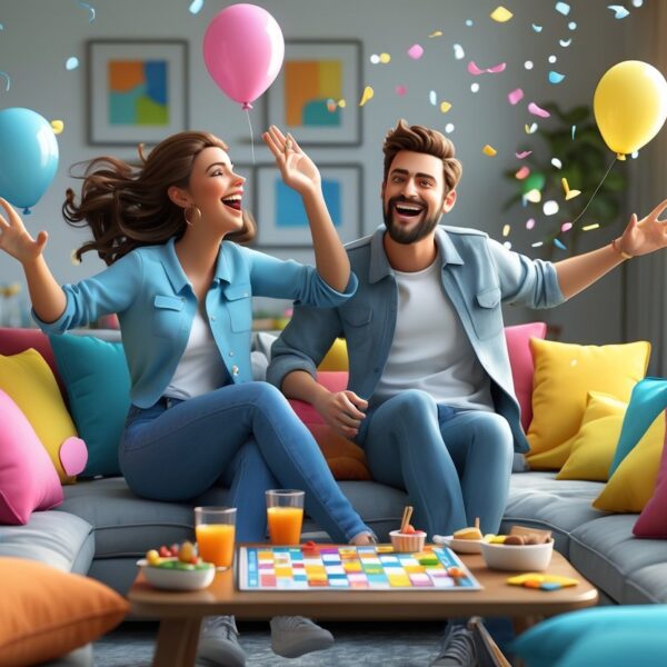 Um casal se divertindo em uma sala acolhedora, rindo e brincando juntos com jogos e balões ao redor.