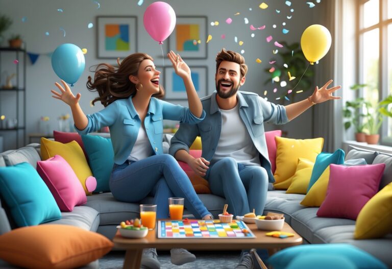 Um casal se divertindo em uma sala acolhedora, rindo e brincando juntos com jogos e balões ao redor.