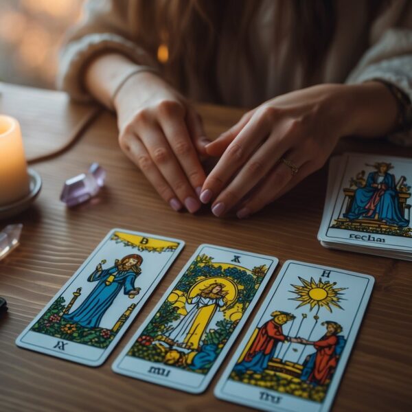 Pessoa sentada à mesa com cartas de tarô espalhadas, uma vela acesa e cristais ao redor, em um ambiente tranquilo e iluminado suavemente.