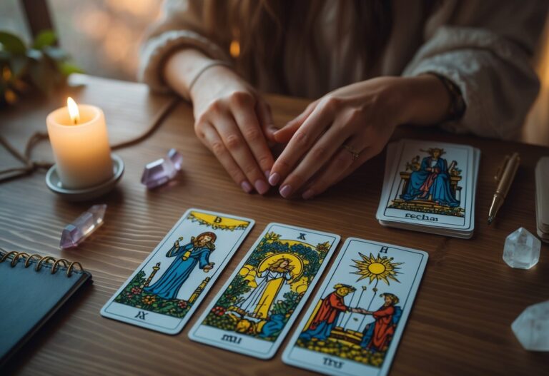 Pessoa sentada à mesa com cartas de tarô espalhadas, uma vela acesa e cristais ao redor, em um ambiente tranquilo e iluminado suavemente.