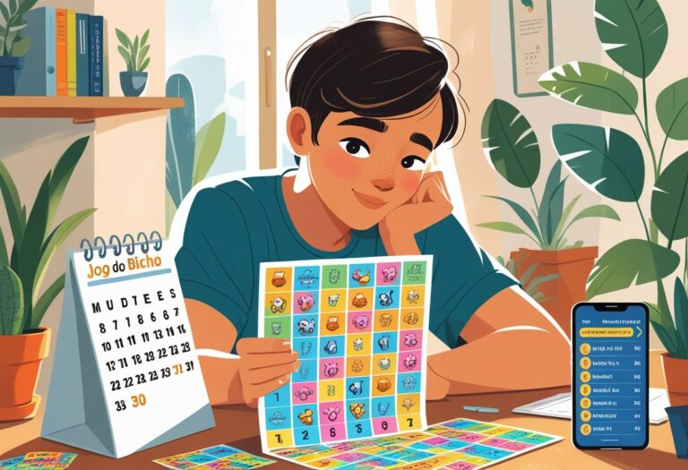 Pessoa sentada à mesa olhando para um bilhete colorido com símbolos de animais, com um calendário e um celular mostrando resultados ao fundo.