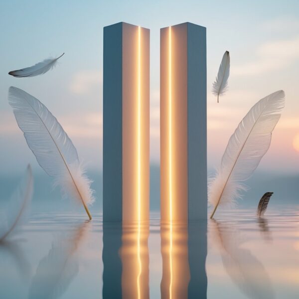 Dois feixes verticais de luz brilhante lado a lado refletidos em uma superfície de água calma, com um céu ao amanhecer ao fundo.