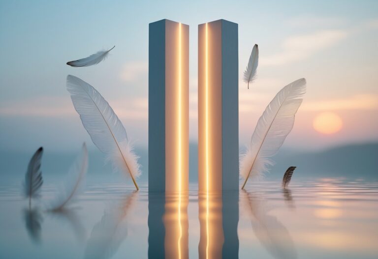 Dois feixes verticais de luz brilhante lado a lado refletidos em uma superfície de água calma, com um céu ao amanhecer ao fundo.