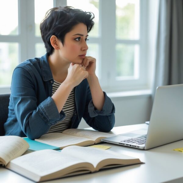 Pessoa sentada em uma mesa moderna, rodeada por livros e um laptop, pensando profundamente.