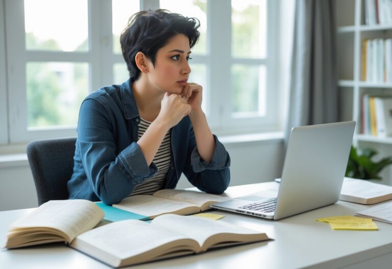 Pessoa sentada em uma mesa moderna, rodeada por livros e um laptop, pensando profundamente.