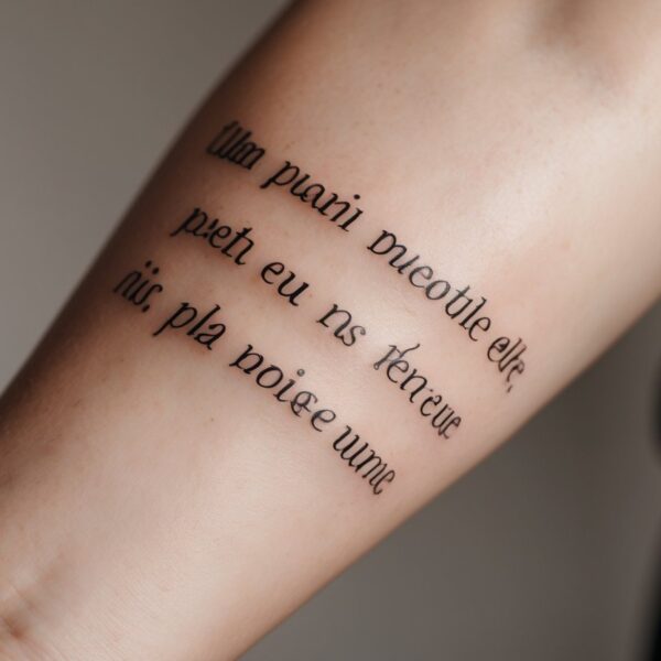 Braço com uma tatuagem recente de uma frase em latim, destacando a pele e a tinta da tatuagem.