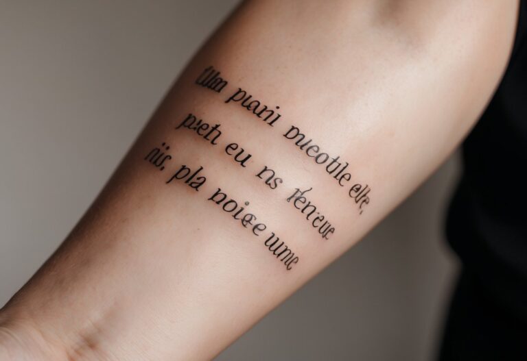 Braço com uma tatuagem recente de uma frase em latim, destacando a pele e a tinta da tatuagem.