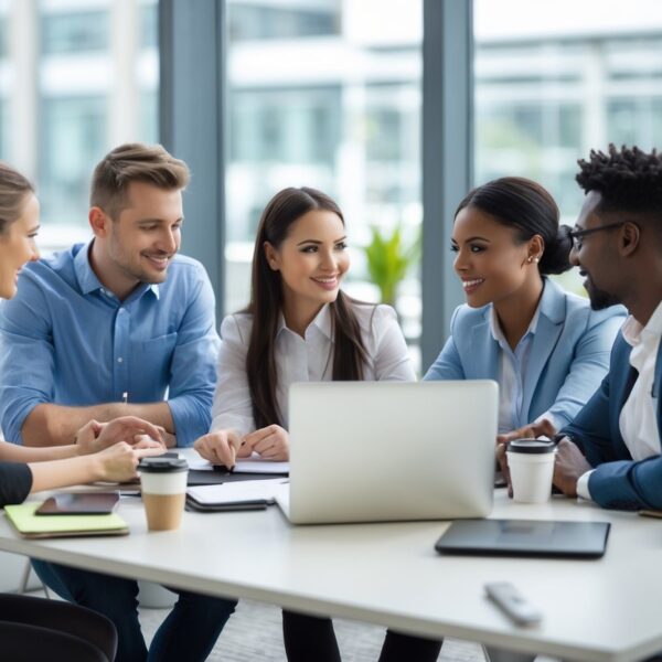 Um grupo diversificado de jovens profissionais conversando em um escritório moderno e iluminado.